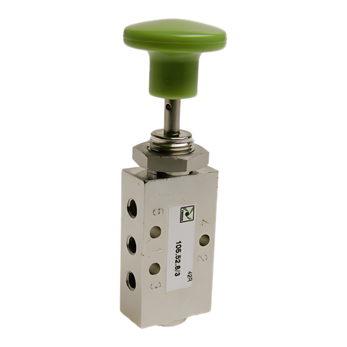 Pneumax 105.52.7.1/3 M5 - 5/2 30mm Palm Push Button Spring Green - pneumaticsystems