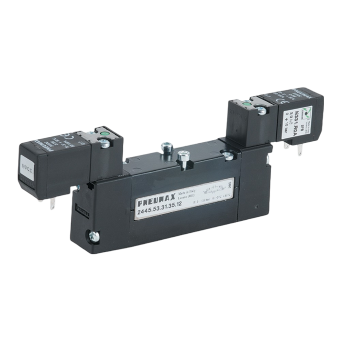 Pneumax 2445.53.32.35.12 18mm VDMA 5/3 Open Centres Sol/Sol 24Vdc Downward - pneumaticsystems