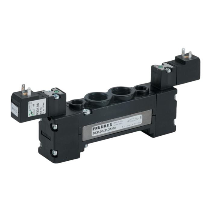 Pneumax 2631.53.32.35.07 G3/8 26mm FLAT 5/3 Open Centres Sol/Sol 220Vac - pneumaticsystems