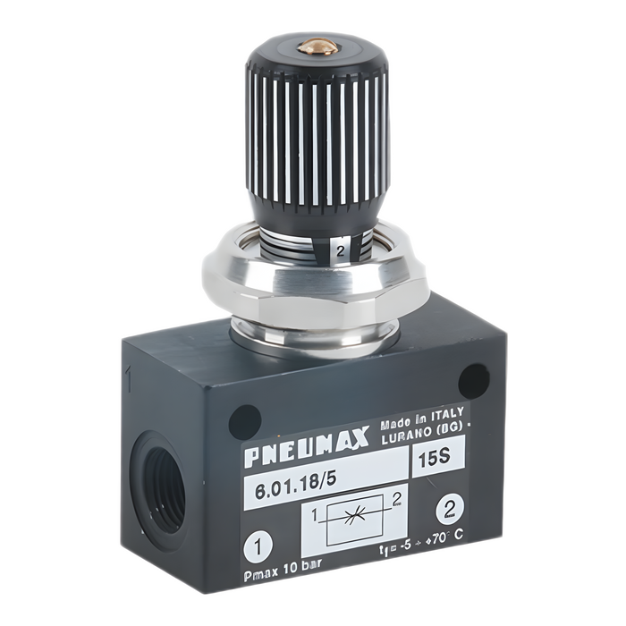 Pneumax 6.01.18/4 1/8 Sensitive Flow Control Valve Unidirectional (Black Knob) - pneumaticsystems