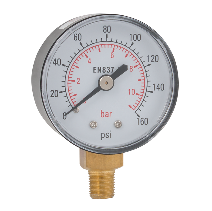 FT Pro - G50-10B 1/8" BSPT 0-10 Bar 50MM ABS Bottom Connection Gauge 0-160 PSI - pneumaticsystems