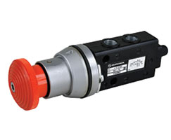 X3046802, Super X 5/2 manual valve, Red, Emergency stop/Twist reset, 18N, G1/8